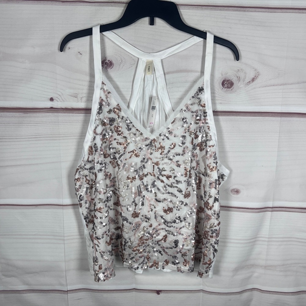 Anthropologie TINY Tank Top Womens XL White Sequin Racerback V-Neck Party Blouse